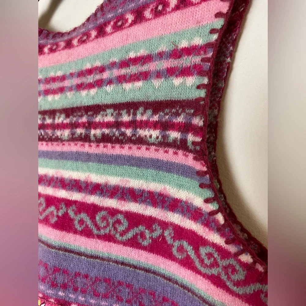Oilily Girls Boho Dress Fair Isle Sweater Denim Floral Fringe Size 116 (US Sz 6)
